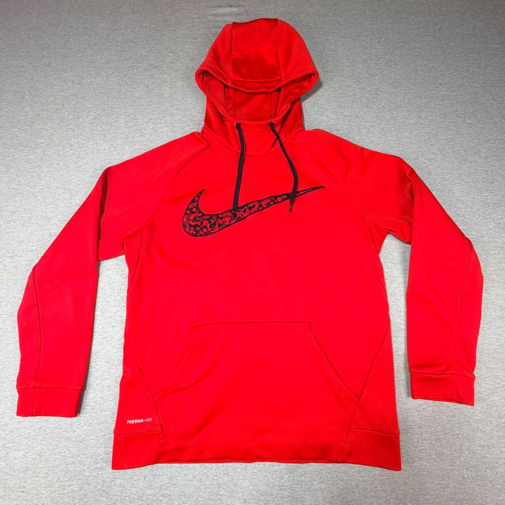 Nike Therma-FIT Hoodie Mens Large Red Camo Swoosh Pullover Sweatshirt Training